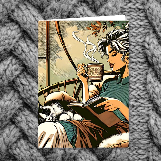 Gemütliche Lady Reading mit Kaffee und Katze Karte (Von Creator hochgeladen)
