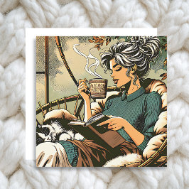 Gemütliche Lady Reading mit Kaffee und Katze Karte