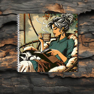Gemütliche Lady Reading mit Kaffee und Katze Notizbuch