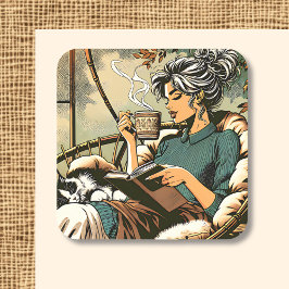 Gemütliche Lady Reading mit Kaffee und Katze Quadratischer Aufkleber