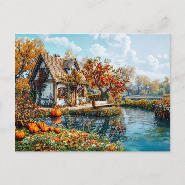Gemütliche Lakeside Hütte im Herbst Illustration Postkarte (Vorderseite)