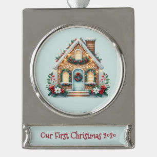 Gemütliche Lebkuchenhäuschen-Festtagsillustration Banner-Ornament Silber