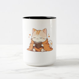 Gemütliche Lesekatze Kawaii Bücherwurm Kätzchen De Zweifarbige Tasse
