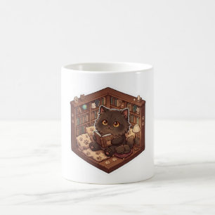 Gemütliche Leseschwarze Katze in der Bibliotheksre Kaffeetasse