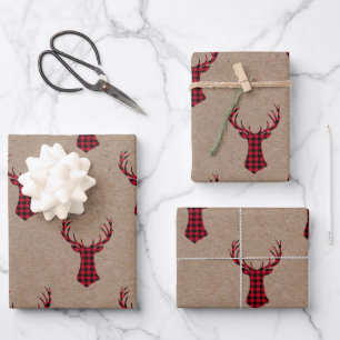 Gemütliche Moderne Hirsche Kraft Karierte Weihnach Geschenkpapier Set