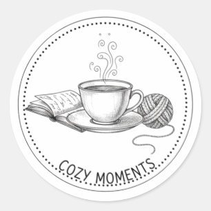 Gemütliche Momente Kaffee Buch & Stricken Minimal Runder Aufkleber