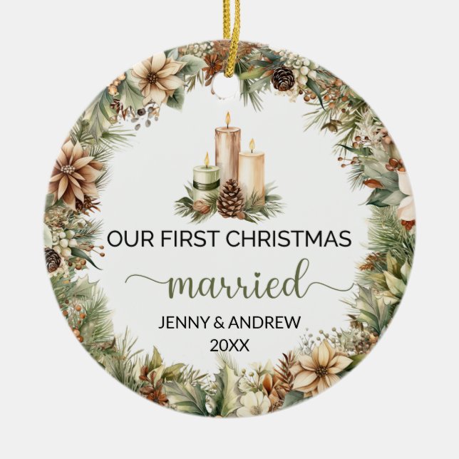 Gemütliche, pastellgrün und beige Weihnachtskerzen Keramik Ornament (Vorne)