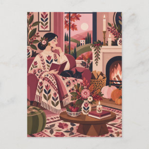 Gemütliche rosa Herbst-Kamin-Grußkarte Postkarte