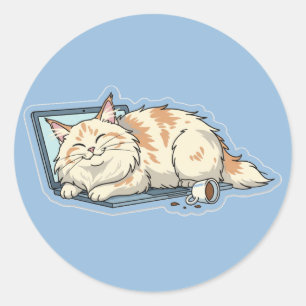 Gemütliche schlafende Katze auf Laptop Lustiger Runder Aufkleber