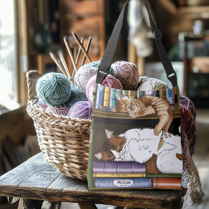 Gemütliche Schlafende Katzen Bücherregal Illustrat Tragetaschen Mit Langen Trägern