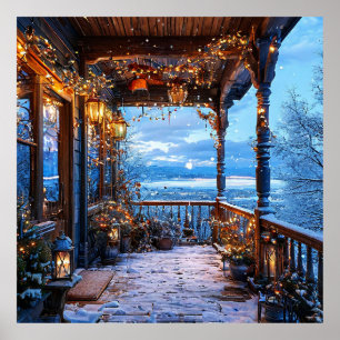 Gemütliche schneebedeckte Veranda Weihnachtslichte Poster