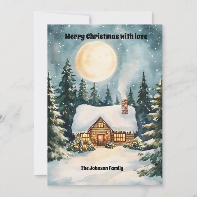 Gemütliche, schneebedeckte Weihnachtszeit-Hütte Feiertagskarte (Vorderseite)