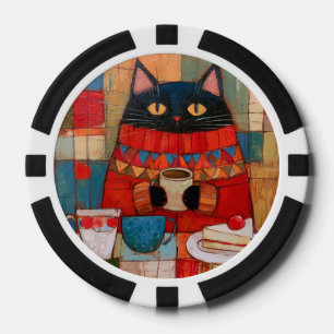 Gemütliche schwarze Katze trinkt Kaffee im Café Pokerchips