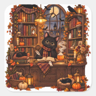 Gemütliche Schwarze Katzen Buchhandlung Halloween Quadratischer Aufkleber