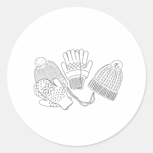 Gemütliche Ski Winter Beanies und Mittens Schwarz- Runder Aufkleber (Vorderseite)