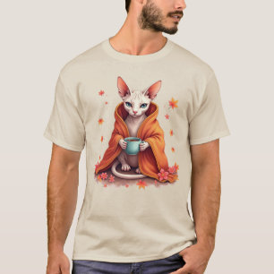 Gemütliche Sphynx-Katze in eine Decke gewickelt mi T-Shirt