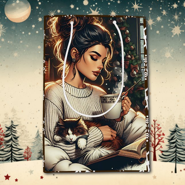 Gemütliche Szene | Frau trinkt Kakao Weihnachten Mittlere Geschenktüte (Von Creator hochgeladen)