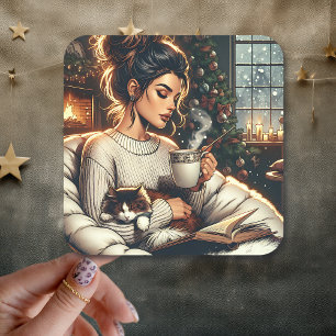 Gemütliche Szene   Frauen trinken Kakao mit Katze Quadratischer Aufkleber