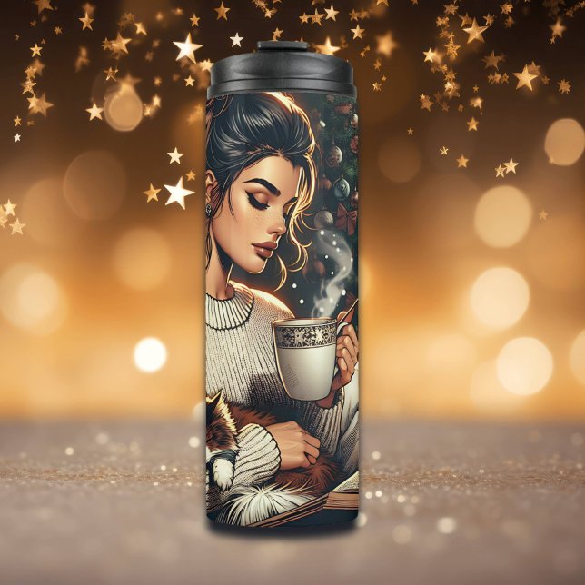 Gemütliche Szene | Frauen trinken Kakao mit Katze Thermosbecher (Von Creator hochgeladen)