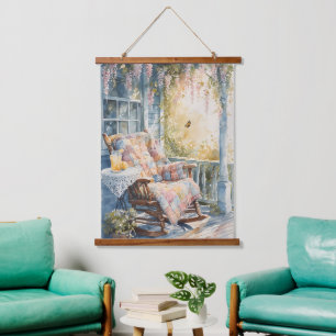 Gemütliche Veranda mit Quilt und Limonaden-Charme Wandteppich Mit Holzrahmen