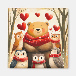 Gemütliche Wald-Bär-Eule-Familie Winterliebe Magnet