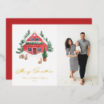 Gemütliche Watercolor Winter Hütte Frohe Weihnacht Folien Feiertagskarte<br><div class="desc">Frohe Weihnachten! Senden Sie warme Weihnachtsgrüße an Familie und Freunde mit dieser anpassbaren Weihnachtskarte aus Gold. Es zeichnet sich durch eine Aquarellrot-Weihnachtsweihnachtslandschaft mit einer skurrilen Winterwunderlandszene aus. Personalisieren Sie diese Aquarell Foto Weihnachtskarte,  indem Sie Ihre eigenen Details. Diese gemütliche Weihnachtskarte ist auf anderen Hütten erhältlich.</div>