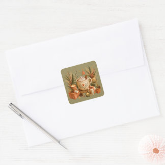 Gemütliche Weihnachts-Heiße-Schokolade-Botanical-G Quadratischer Aufkleber