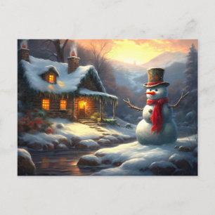 Gemütliche Weihnachts-Hütte & Snowman   Vintager W Einladungspostkarte