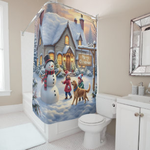 Gemütliche Weihnachts-Schneeszene-Kunst Duschvorhang
