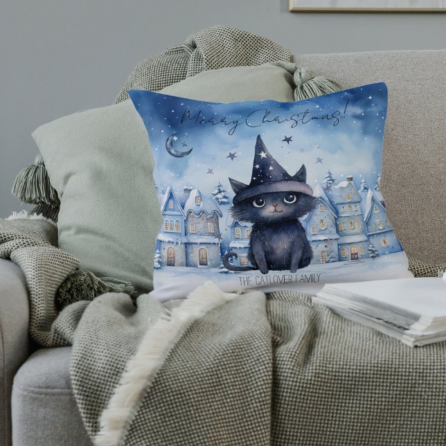 Gemütliche Weihnachts Schwarze Katze Winterurlaub  Kissen (Black Wizard Cat Christmas Throw Pillow - Magical Throw Pillow with Unique Watercolor Design)