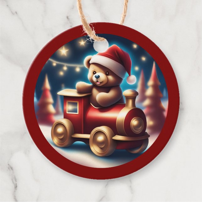 Gemütliche Weihnachts-Teddybahn TWArt Geschenkanhänger (Vorderseite)