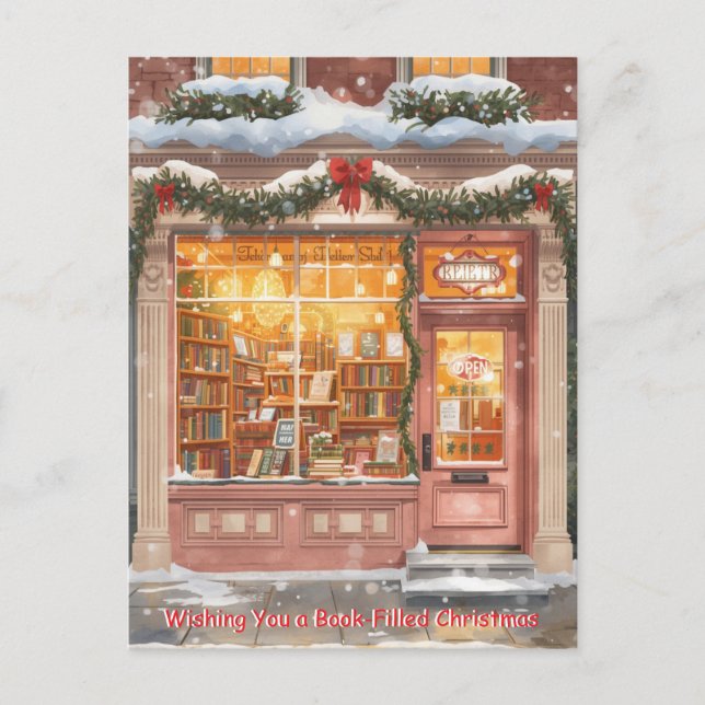 Gemütliche Weihnachtsgrüße aus einer Buchhandlung Feiertagspostkarte (Vorderseite)