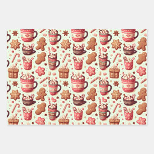 Gemütliche Weihnachtskakao- und Lebkuchenmuster Geschenkpapier Set