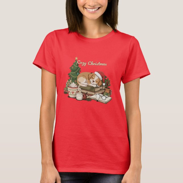 Gemütliche Weihnachtsschläfer Welpen & Bücher Vint T-Shirt (Vorderseite)