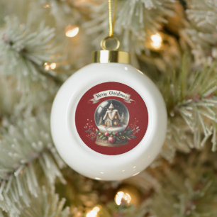 Gemütliche Weihnachtsschneeglobe-Hütte-Szene Keramik Kugel-Ornament