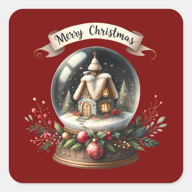 Gemütliche Weihnachtsschneeglobe-Hütte-Szene Quadratischer Aufkleber (Vorderseite)