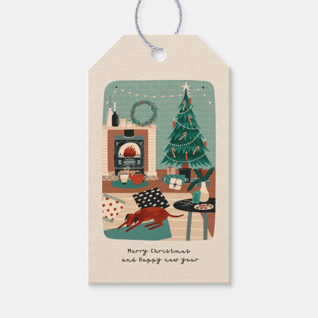 Gemütliche Weihnachtsszene auf Zuhause Geschenkanhänger (Vorderseite)
