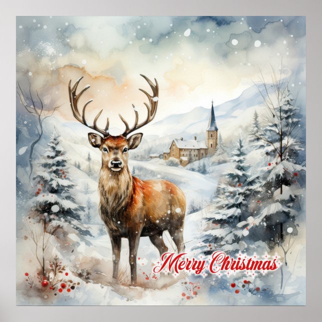 Gemütliche Weihnachtsszene mit Rentieren Poster (Vorne)