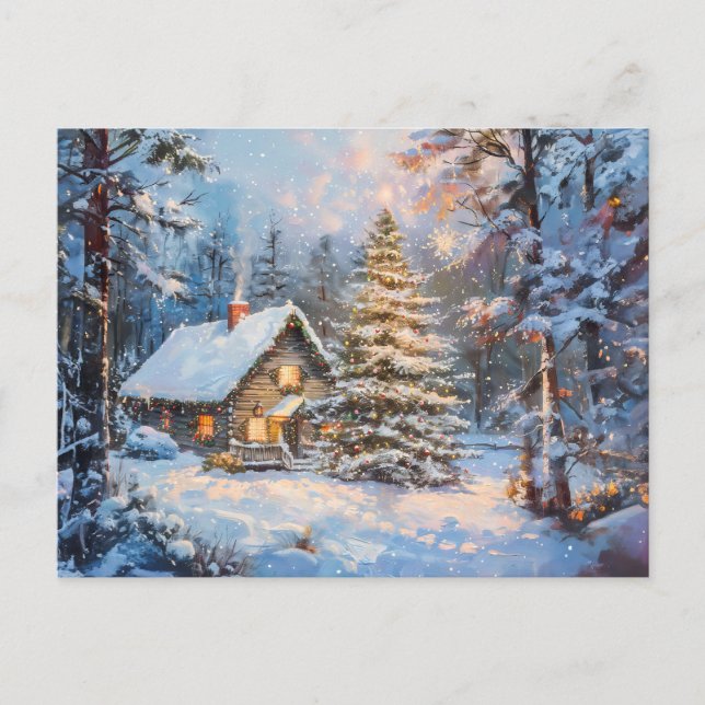 Gemütliche Winter-Hütte mit Weihnachtsbaum Postkarte (Vorderseite)