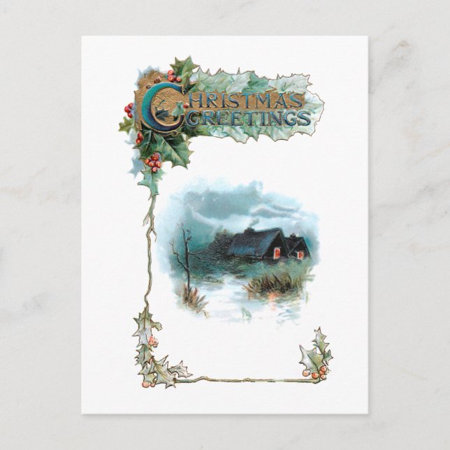 Gemütliche Winter-Hütte und Verzierte Weihnachtsgr Postkarte (Vorderseite)