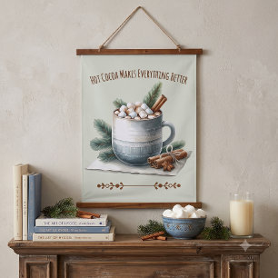 Gemütliche Winter-Kakao-Marshmallow-Szene Wandteppich Mit Holzrahmen