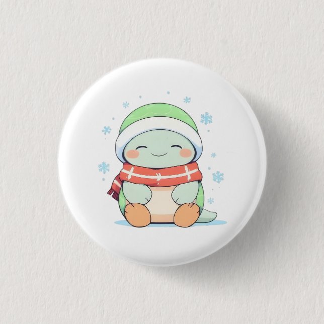 Gemütliche Winter-Schildkröte mit Schal Kawaii-Des Button (Vorderseite)