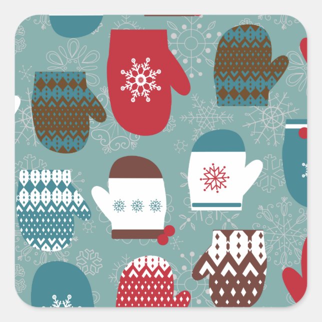 Gemütliche Winter Weihnachten Mittens Blue Quadratischer Aufkleber (Vorderseite)
