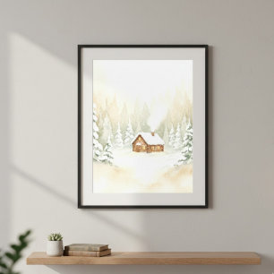 Gemütliche Winterhütte Merry Mist Aquarell Leinwanddruck
