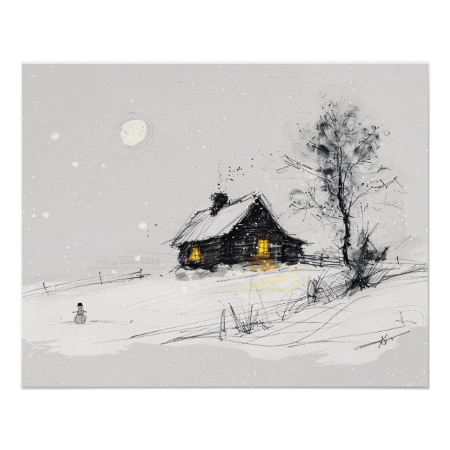 Gemütliche Winterlandschaft mit Schneemann und Cot Poster (Vorderseite)