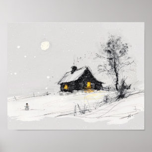 Gemütliche Winterlandschaft mit Schneemann und Cot Poster