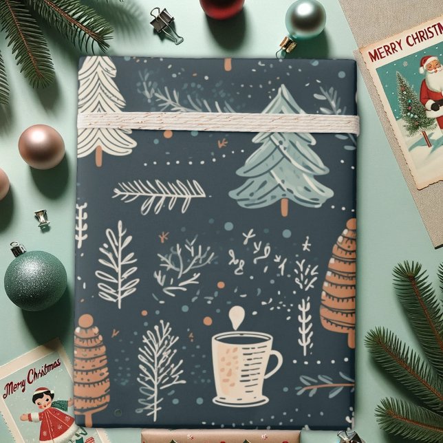 Gemütliche Wintermomente, Kaffee- und Pinienbäume, Geschenkpapier (Von Creator hochgeladen)