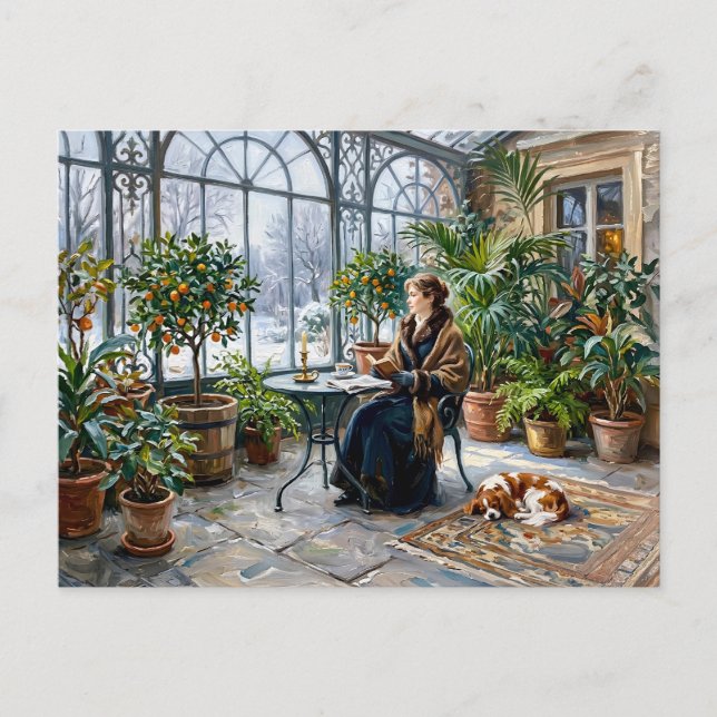 Gemütliche Winterorangerie mit Cavalier Spaniel Postkarte (Vorderseite)
