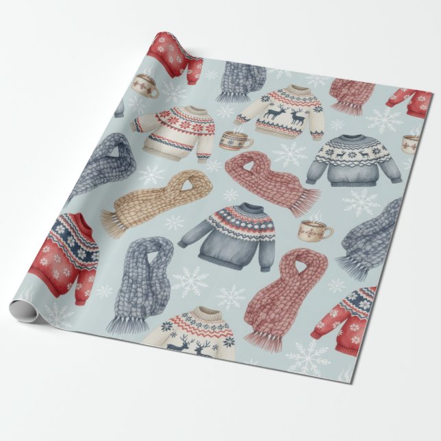 Gemütliche Winterpullover und Schals – Aquarell Geschenkpapier (Ungerollt)