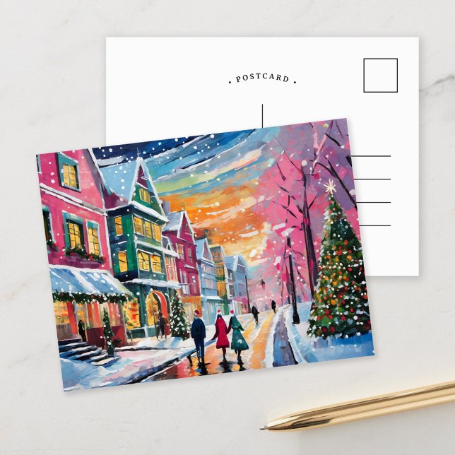 Gemütliche Winterstraße Szene Moderne Kunst Postkarte (Von Creator hochgeladen)